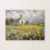 Kerk omringd door wilde bloemen schilderen legpuzzel (Horizontaal)