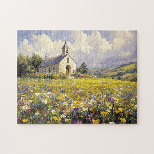 Kerk omringd door wilde bloemen schilderen legpuzzel (Horizontaal)