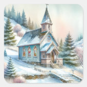 Kerk op een besneeuwde winterdag | Christmas Vierkante Sticker (Voorkant)