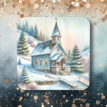 Kerk op een besneeuwde winterdag | Christmas Vierkante Sticker<br><div class="desc">Waterverf kerk met twee  kruisen op een besneeuwde kerstkaart.  envelop sealers voor kerst Kaarten.</div>