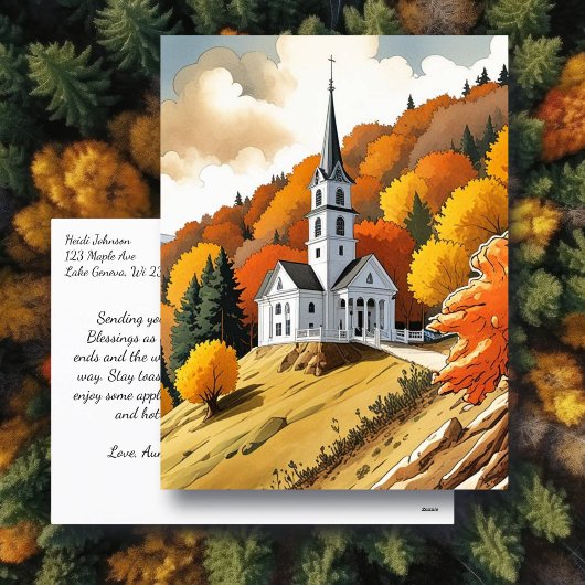 Kerk op een heuvel in de herfst briefkaart