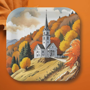Kerk op een heuvel in de herfst papieren bordje