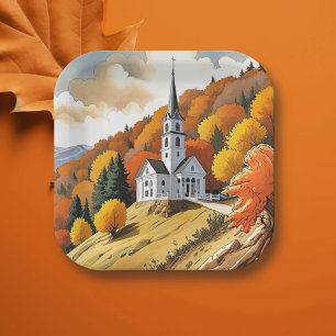 Kerk op een heuvel in de herfst papieren bordje