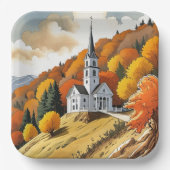 Kerk op een heuvel in de herfst papieren bordje (Voorkant)