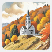 Kerk op een heuvel in de herfst vierkante sticker (Voorkant)