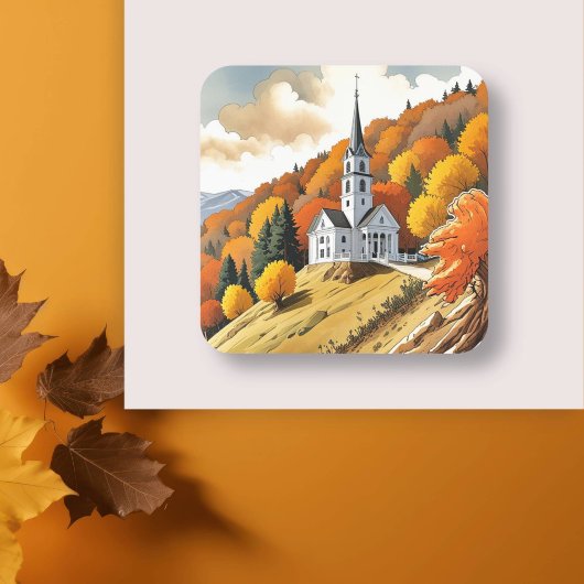 Kerk op een heuvel in de herfst vierkante sticker