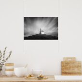 Kerk op een heuvel in zwart-wit poster (Keuken)