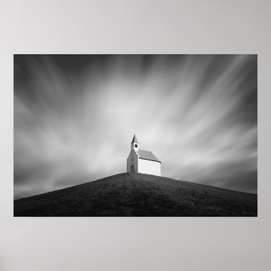Kerk op een heuvel in zwart-wit poster (Voorkant)