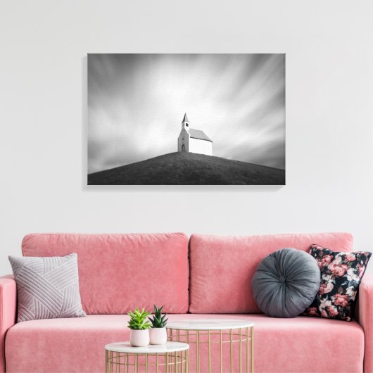 Kerk op een heuvel zwart-wit canvas afdruk (Insitu (Woonkamer))