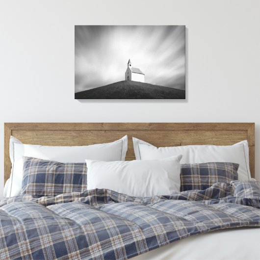 Kerk op een heuvel zwart-wit canvas afdruk (Insitu (Slaapkamer))