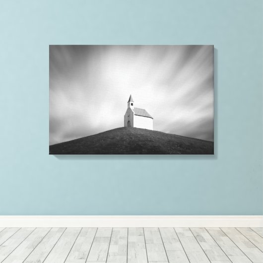 Kerk op een heuvel zwart-wit canvas afdruk (Insitu (Houten vloer))