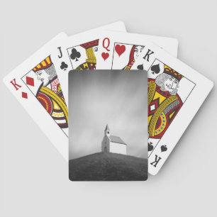 Kerk op een heuvel zwart-wit pokerkaarten