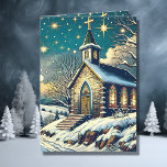kerk op een winter gepersonaliseerde kerst feestdagen kaart<br><div class="desc">gepersonaliseerde kerstkaart. Prachtige blauw-witte achtergrond met witte sneeuwvlokken en sprankelingen omringen een  kerk en kruisen met glas-in-loodramen.</div>