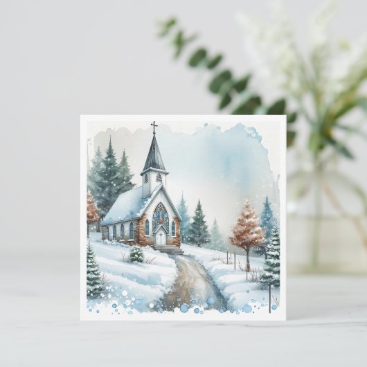 Kerk op een winterdag | Waterverf kerst Feestdagenkaart (Staand voorkant)