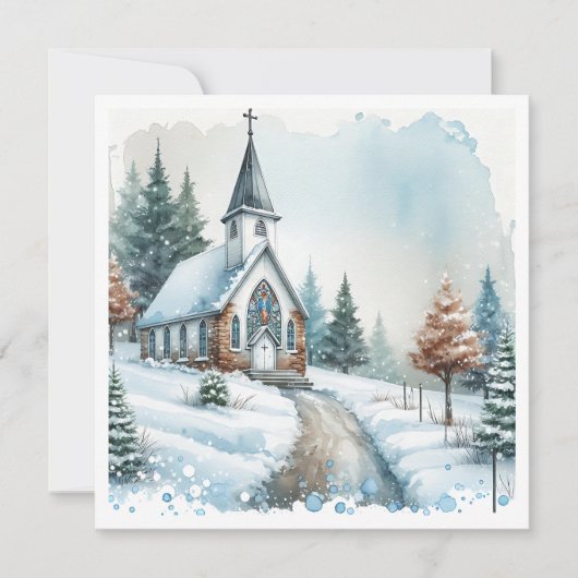 Kerk op een winterdag | Waterverf kerst Feestdagenkaart (Voorkant)