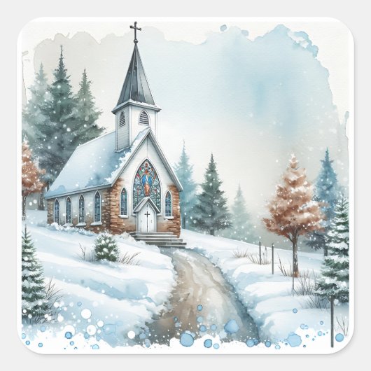 Kerk op een winterdag | Waterverf kerst Vierkante Sticker (Voorkant)