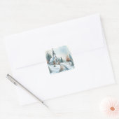 Kerk op een winterdag | Waterverf kerst Vierkante Sticker (Envelop)