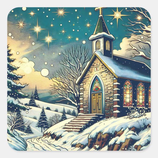 kerk op een winterse kerst vierkante sticker (Voorkant)