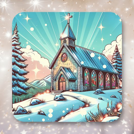 kerk op een winterse kerst vierkante sticker
