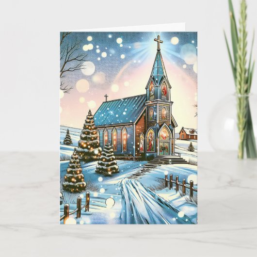 kerk op een winterse kerstdag feestdagen kaart (Voorkant)