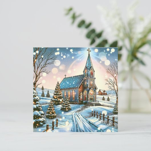 kerk op een winterse kerstdag feestdagenkaart (Staand voorkant)