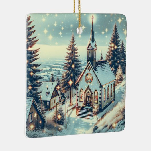  kerk op een winterse kerstdag keramisch ornament (Rechts)