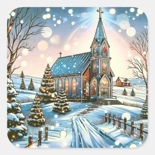 kerk op een winterse kerstdag vierkante sticker (Voorkant)