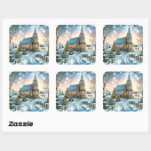 kerk op een winterse kerstdag vierkante sticker (Vel)