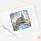 kerk op een winterse kerstdag vierkante sticker (Envelop)