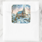 kerk op een winterse kerstdag vierkante sticker (Tas)