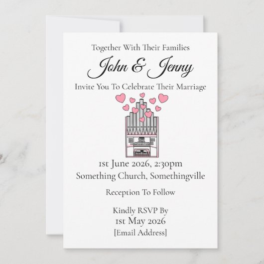 Kerk orgel bruiloft uitnodiging organist muzikante (Voorkant)