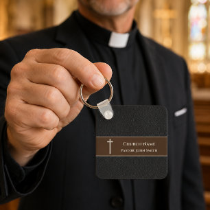 Kerk Pastoor ZWARTE Leren Christelijk Sleutelhanger