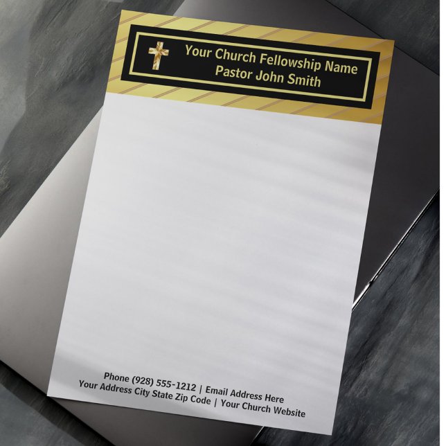 Kerk Pastor Classy Goud en Zwart Briefhoofd (Church Pastor Classy Gold And Black Letterhead)