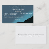 Kerk/pastor-kaart, drie kruisen op heuvel, blauwe  visitekaartje (Voorkant / Achterkant)