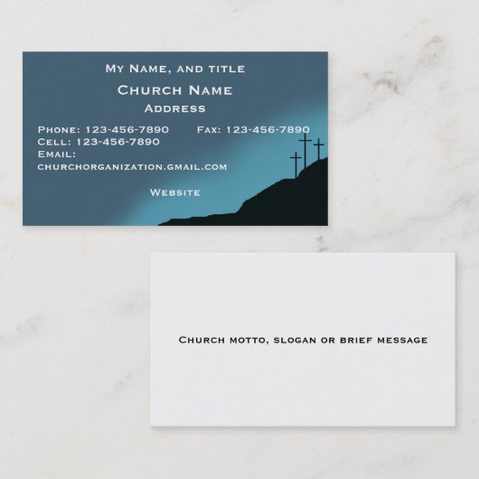 Kerk/pastor-kaart, drie kruisen op heuvel, blauwe  visitekaartje (Voorkant / Achterkant)