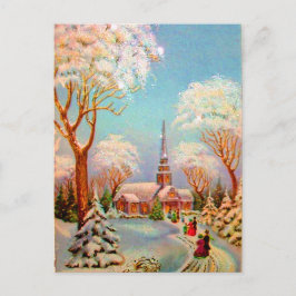 Kerk Sneeuw Scene Vintage Kunst Ansichtkaart Briefkaart