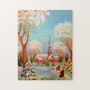 Kerk Sneeuw Scene Vintage Kunst Ansichtkaart Legpuzzel