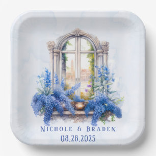Kerk Uitzicht Blauw Waterverf Elegant Bruiloft Papieren Bordje