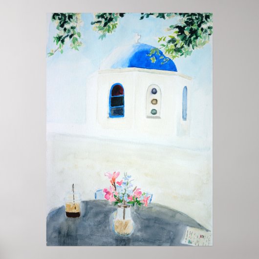 Kerk van de witte en blauwe Santorini Poster (Voorkant)