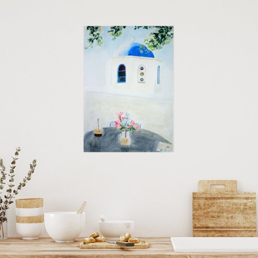 Kerk van de witte en blauwe Santorini Poster (Keuken)