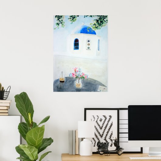 Kerk van de witte en blauwe Santorini Poster (Thuiskantoor)