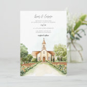 Kerk Waterverf Vinatge bruiloft Kaart (Staand voorkant)