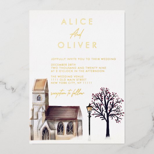 Kerk Waterverf Winterkerkceremonie Folie Uitnodiging (Voorkant)