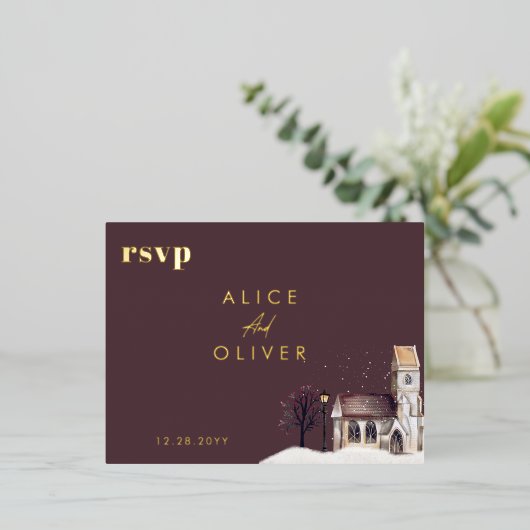 Kerk Waterverf Winterkerkceremonie RSVP Folie Uitnodiging Briefkaart (Staand Voorkant)