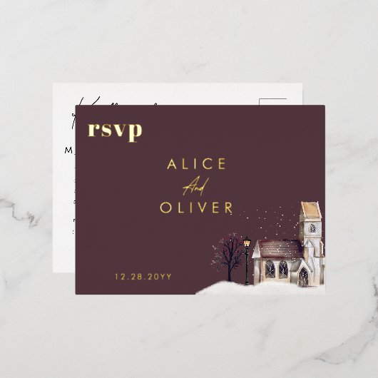 Kerk Waterverf Winterkerkceremonie RSVP Folie Uitnodiging Briefkaart (Voorkant / Achterkant)