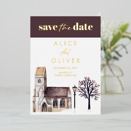 Kerk Winter religieuze ceremonie Save the Date Folie Uitnodiging (Staand Voorkant)