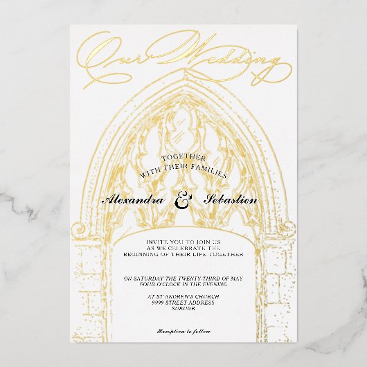 Kerkceremonie Viering Elegant Script Huwelijk Folie Uitnodiging (Voorkant)