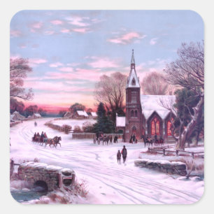 Kerkdiensten op kerstavond ochtend vierkante sticker