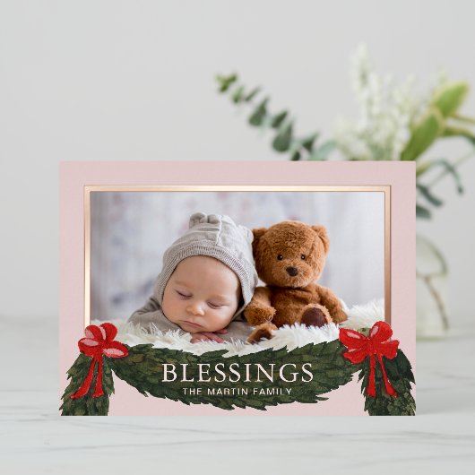 Kerkelijke Kerst Foto met Zegenwens Folie Feestdagenkaart (Staand Voorkant)