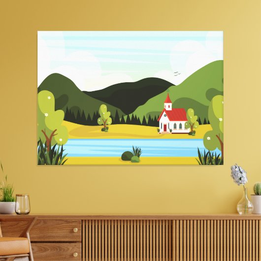 Kerklandschap met rivier canvas afdruk (Insitu (Woonkamer))